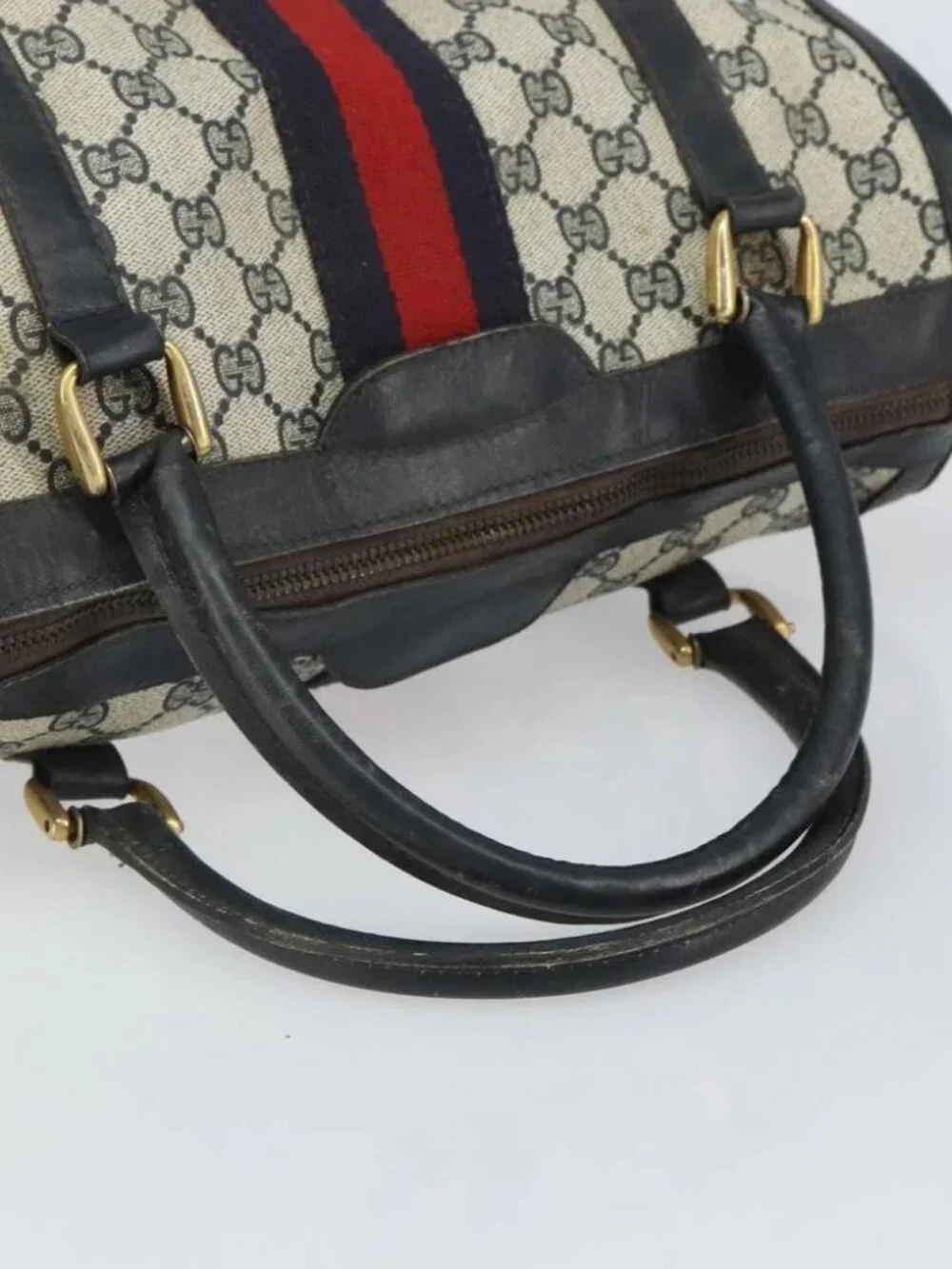 GUCCI GG Supreme Sherry Line Boston Bag PVC Navy Gold Red - Picture 8 of 15